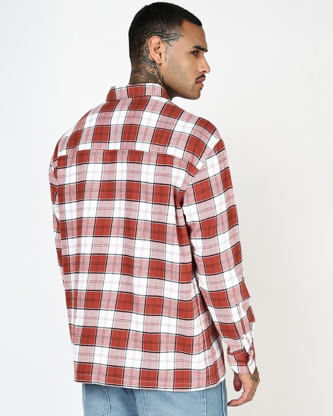 Flolook Men's Premium Rust Orange & White Checked Casual Cotton Shirt