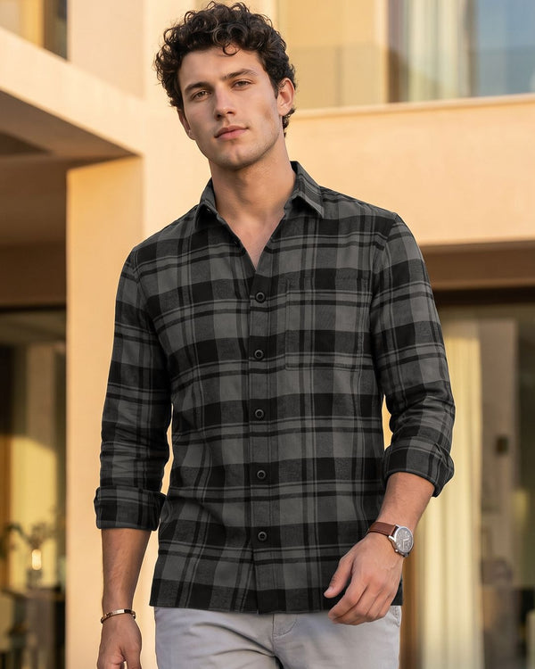 Flolook Men's Premium Charcoal Grey & Black Checked Casual Cotton Shirt