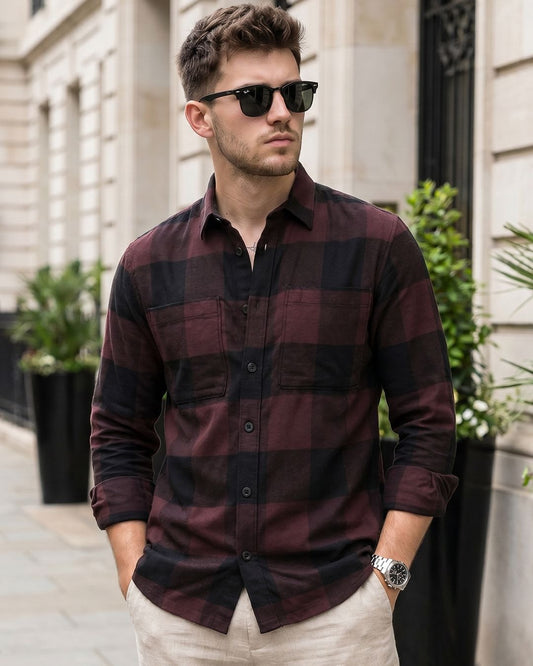 Flolook Men's Premium Maroon & Black Checked Casual Cotton Shirt