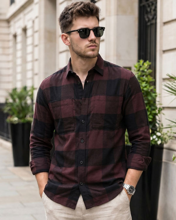 Flolook Men's Premium Maroon & Black Checked Casual Cotton Shirt