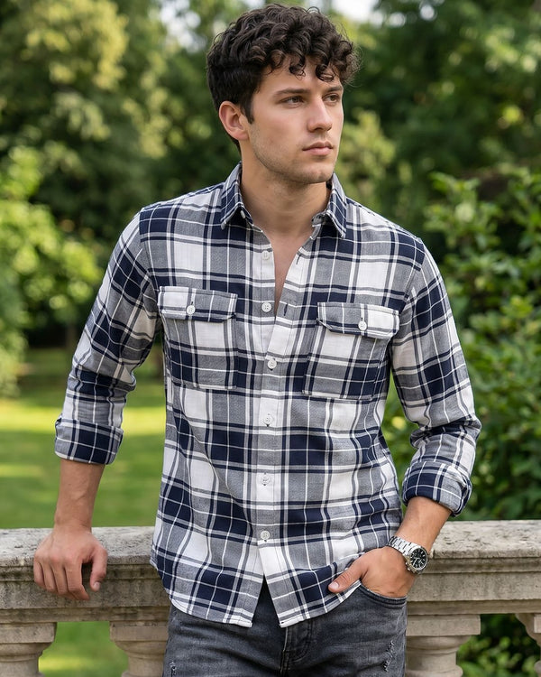 Flolook Men's Premium Navy & White Checked Casual Cotton Shirt