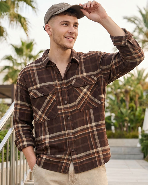 Flolook Men's Premium Brown Checked Casual Cotton Shirt with Dual Flap Pockets
