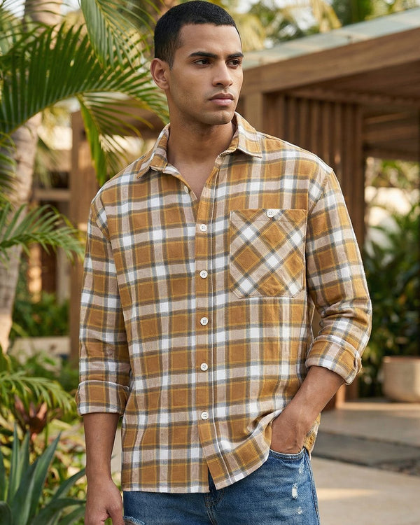Flolook Men's Premium Mustard Yellow & White Checked Casual Cotton Shirt