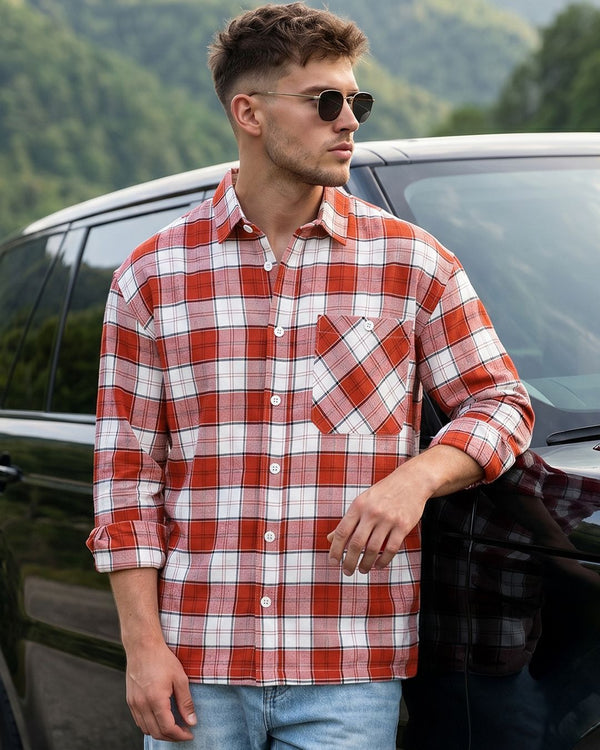 Flolook Men's Premium Rust Orange & White Checked Casual Cotton Shirt