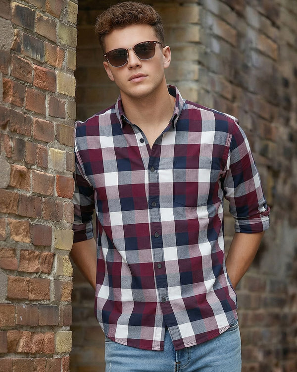 Flolook Men's Premium Maroon, Navy & White Checked Casual Cotton Shirt