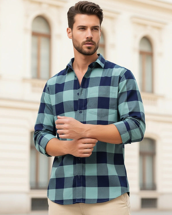 Flolook Men's Premium Mint Green & Navy Checked Casual Cotton Shirt
