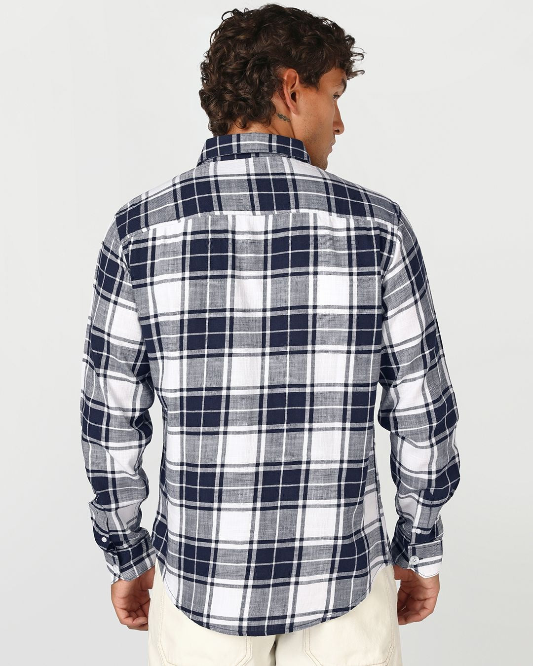 Flolook Men's Premium Navy & White Checked Casual Cotton Shirt