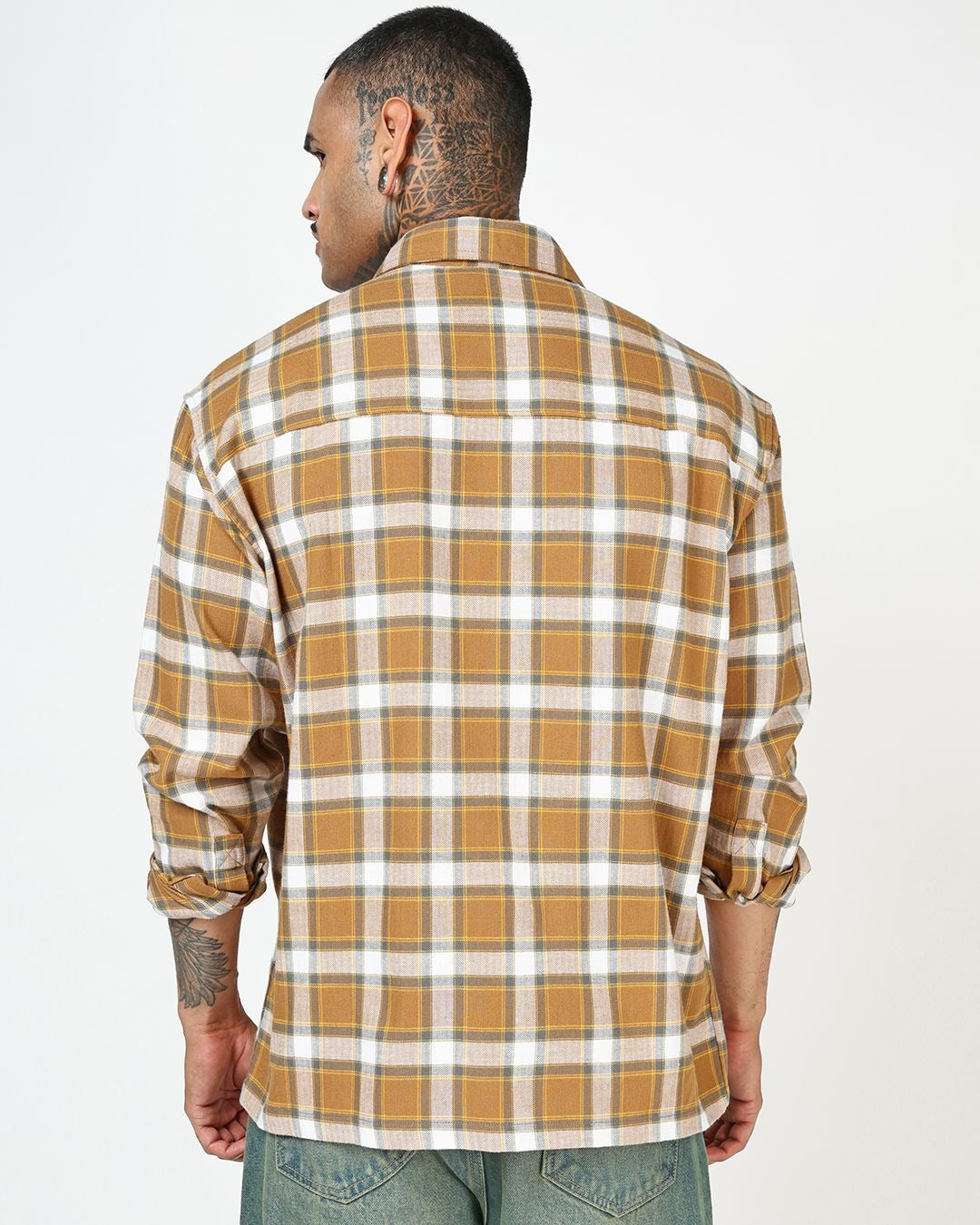 Flolook Men's Premium Mustard Yellow & White Checked Casual Cotton Shirt