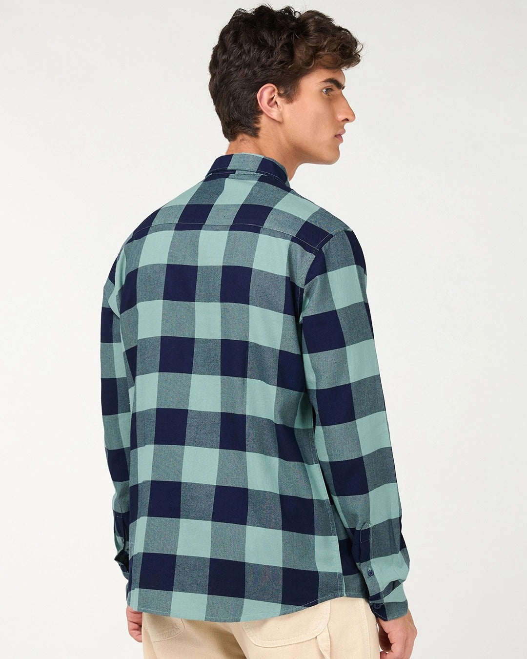 Flolook Men's Premium Mint Green & Navy Checked Casual Cotton Shirt